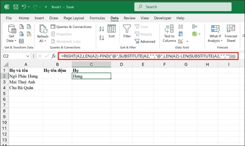 Tách họ và tên thành cột riêng trong Excel bằng cách kết hợp nhiều hàm