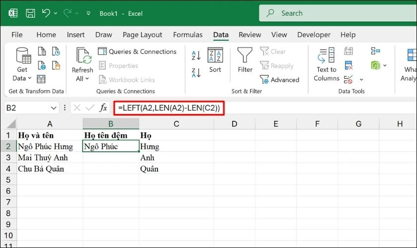 Sử dụng hàm Left và Len để tách phần họ tên đệm