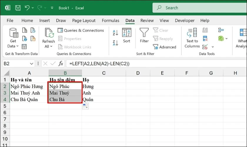 Hoàn tất việc tách họ tên đệm bằng Fill handle