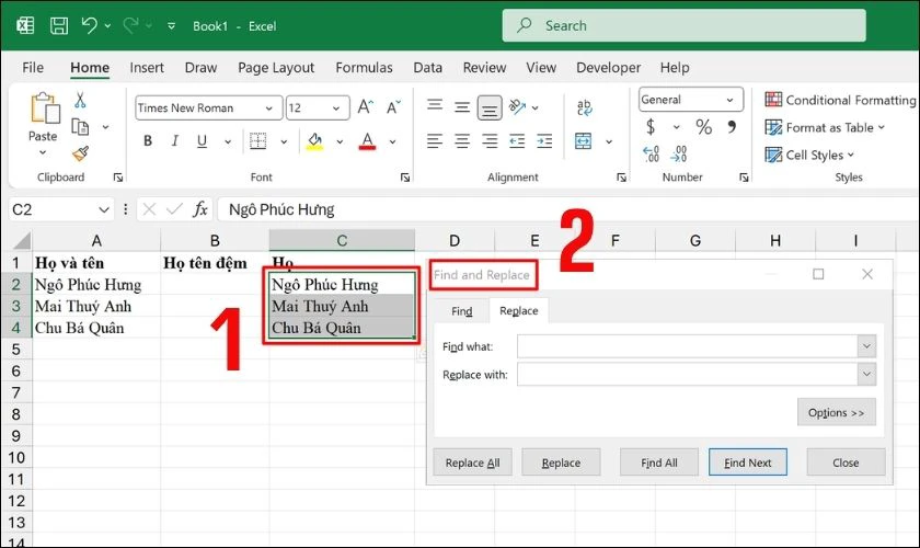 Chọn vùng dữ liệu và mở hộp thoại Find and Replace