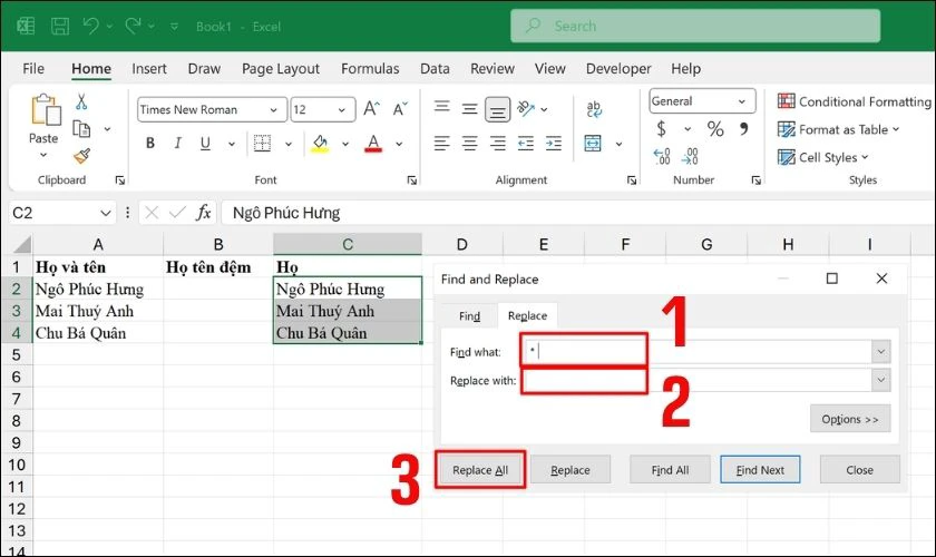 Nhập ký tự thay thế và tách tên với lệnh Replace All