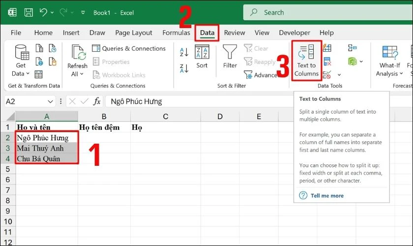 Cách tách họ và tên thành cột riêng trong Excel bằng Text to Columns
