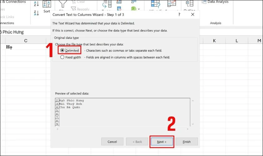 Thiết lập kiểu định dạng trong bảng Convert Text to Columns