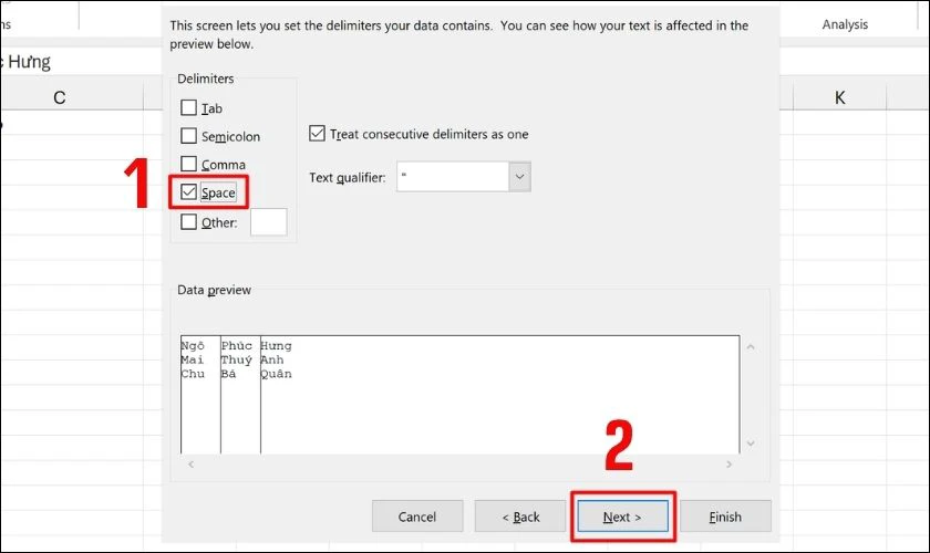 Chọn ký tự phân tách và kiểm tra kết quả dữ liệu