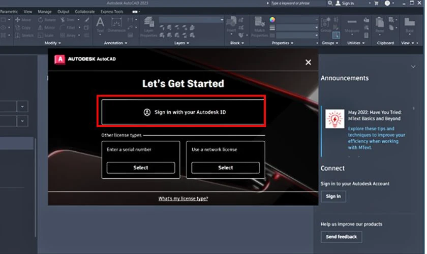 Chọn Sign in with your Autodesk ID để đăng nhập