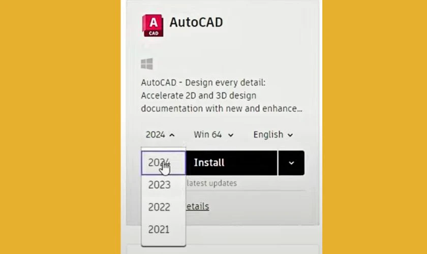 Quay lại mục Products, chọn phiên bản AutoCAD muốn tải và nhấn Install