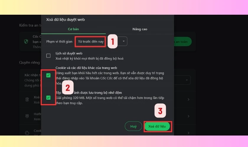 Dọn sạch bộ nhớ Cache và Cookie có trên trình duyệt