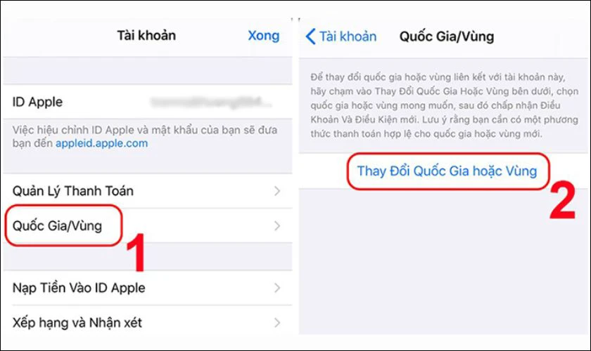 Trong giao diện quản lý tài khoản, bạn tìm đến mục Quốc gia/Vùng