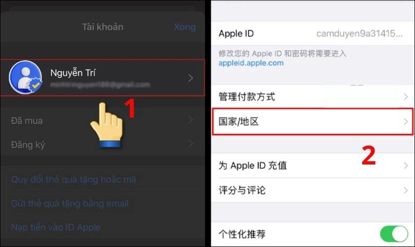 Chọn tên tài khoản Apple ID, chọn "Quốc gia/Vùng" (Country/Region)