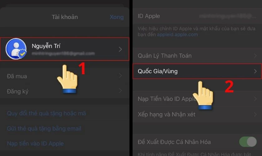 Nhấn tên tài khoản (ID Apple), chọn Quốc gia/Vùng (Country/Region)