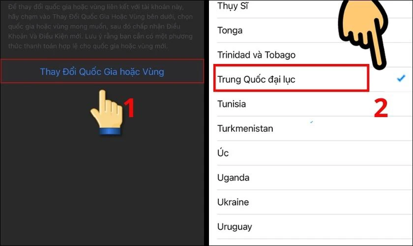 Chọn "Trung Quốc đại lục" (Mainland China) trong danh sách