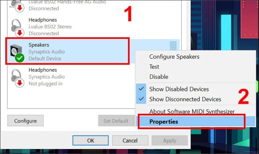 Trong tab Playback nhấn chuột phải vào Speakers