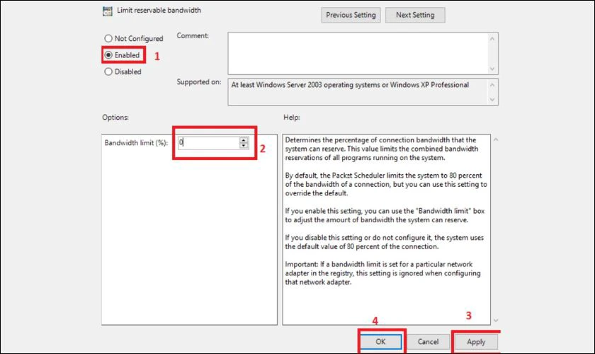 Trong phần “Bandwidth limit (%)”, nhập 0, nhấn OK