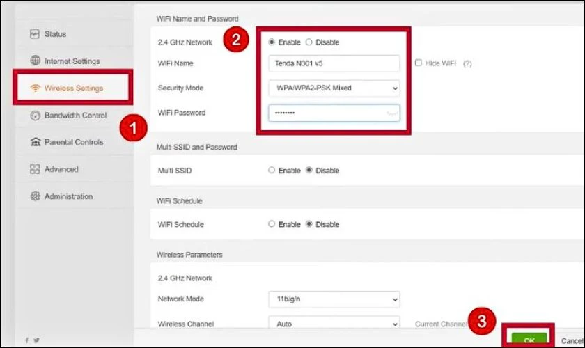 Vào mục “Wireless Settings”, đổi SSID (tên WiFi) và mật khẩu