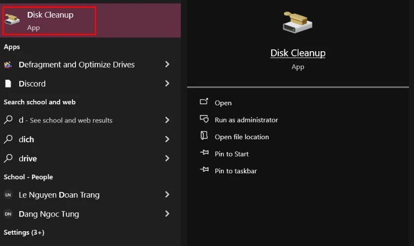 Vào menu Start, tìm và chọn Disk Cleanup