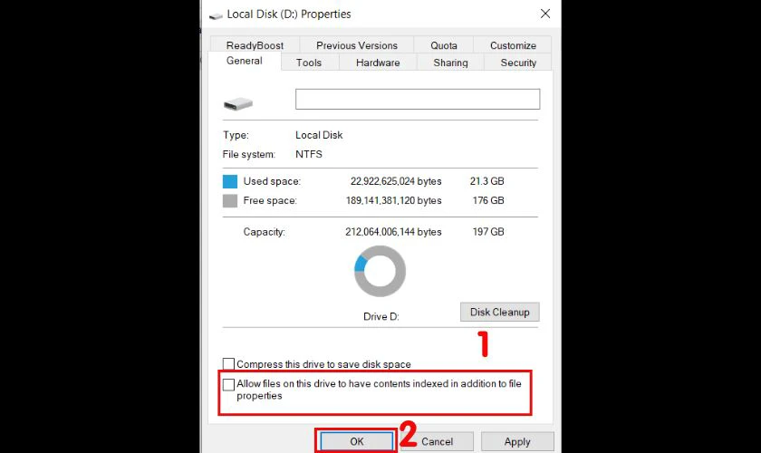 Bỏ tích chọn Allow files on this drive to have contents indexed in addition to file properties