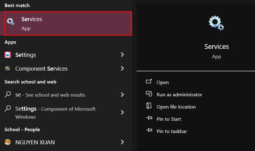 Nhấp vào biểu tượng Windows trên màn hình, sau đó tìm và nhấp vào Services