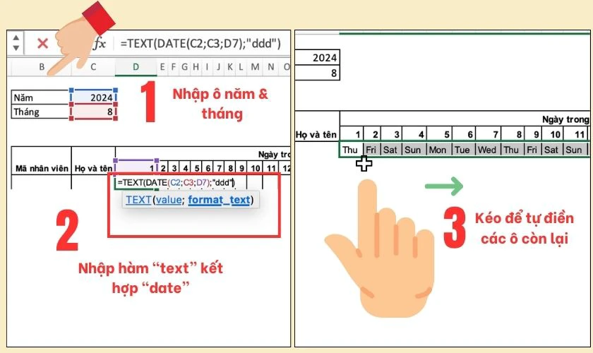 Tạo ngày tháng trong bảng chấm công