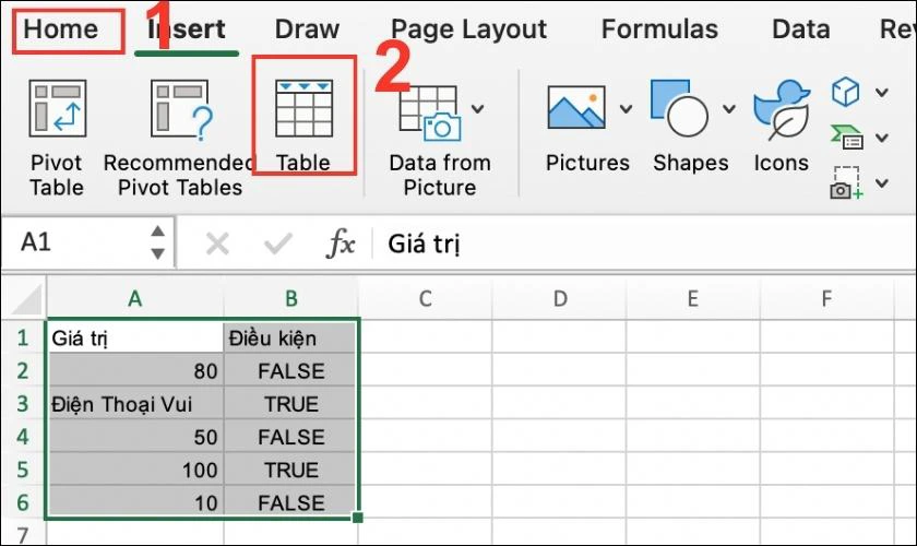 Phím tắt tạo bảng trong Excel