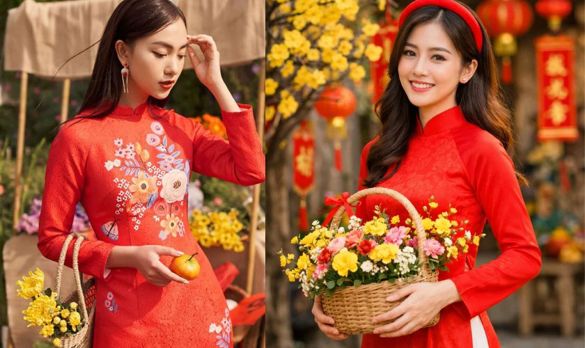 Kiểu Tạo Dáng Chụp Ảnh Áo Dài Tết Với Giỏ Hoa