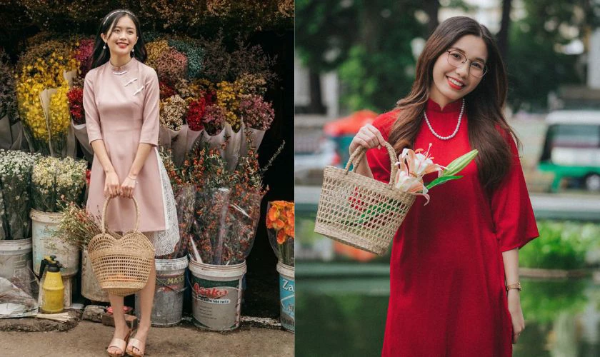 Cách Tạo Dáng Chụp Ảnh Áo Dài Tết Với Giỏ Hoa