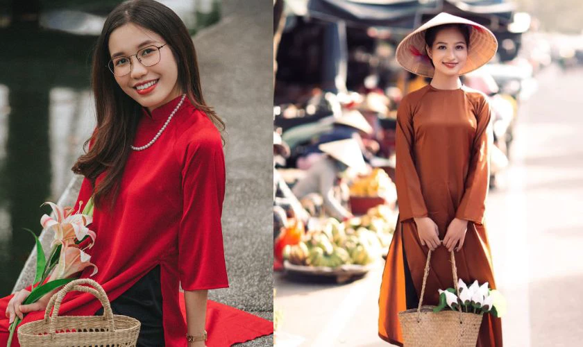 Tạo Dáng Chụp Ảnh Áo Dài Tết Với Giỏ Hoa