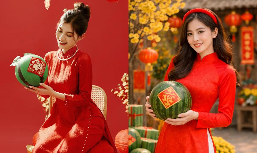 Tạo Dáng Chụp Ảnh Áo Dài Tết Với Dưa Hấu