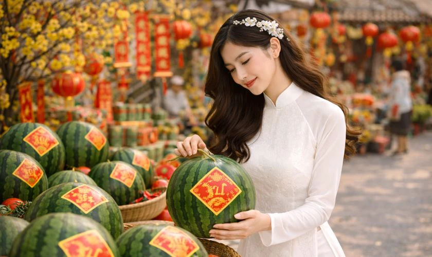 Cách Tạo Dáng Chụp Ảnh Áo Dài Tết Với Dưa Hấu