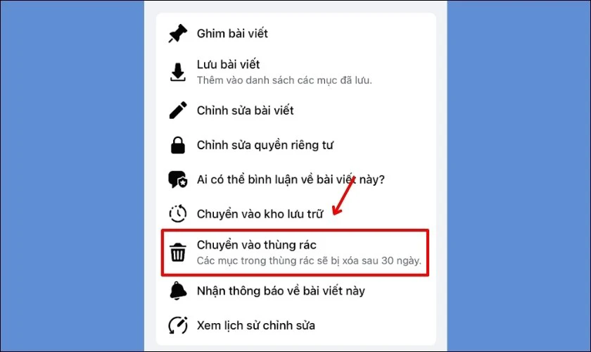 Chuyển vào thùng rác để xong cách xóa địa điểm tạo trên Facebook