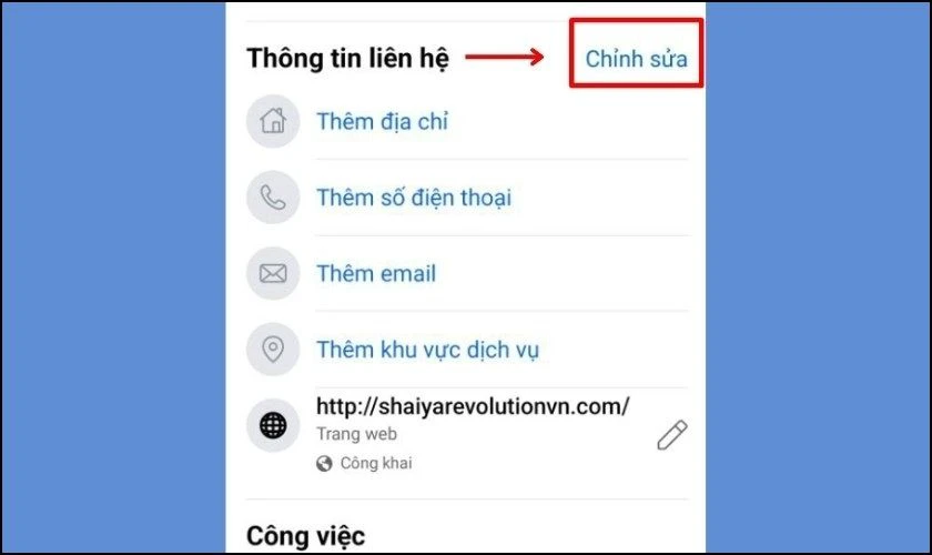 Thông tin liên hệ chọn chỉnh sửa