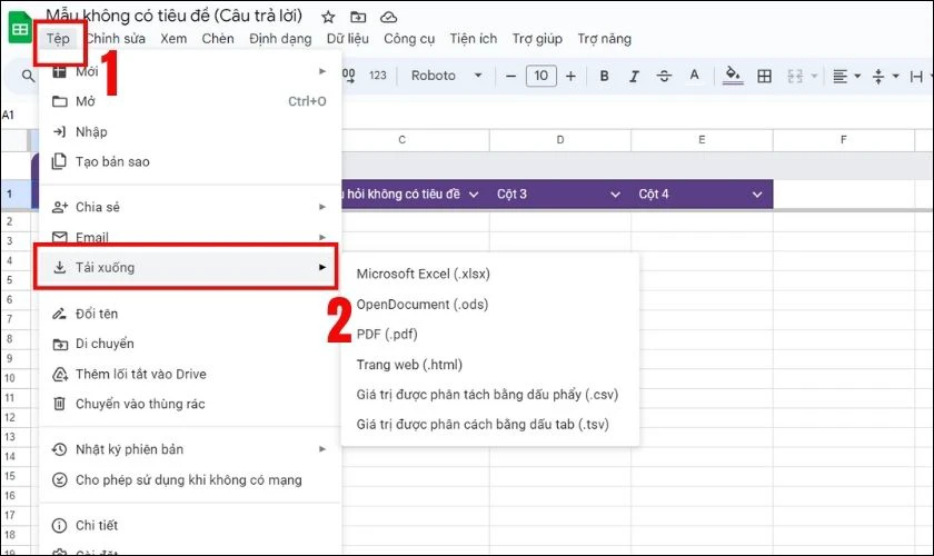 Trong bảng tính, nhấp vào Tệp chọn Tải xuống và chọn định dạng bạn muốn