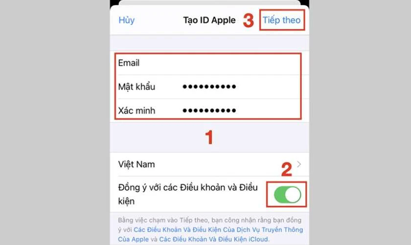 Nhập địa chỉ email, thiết lập mật khẩu mạnh