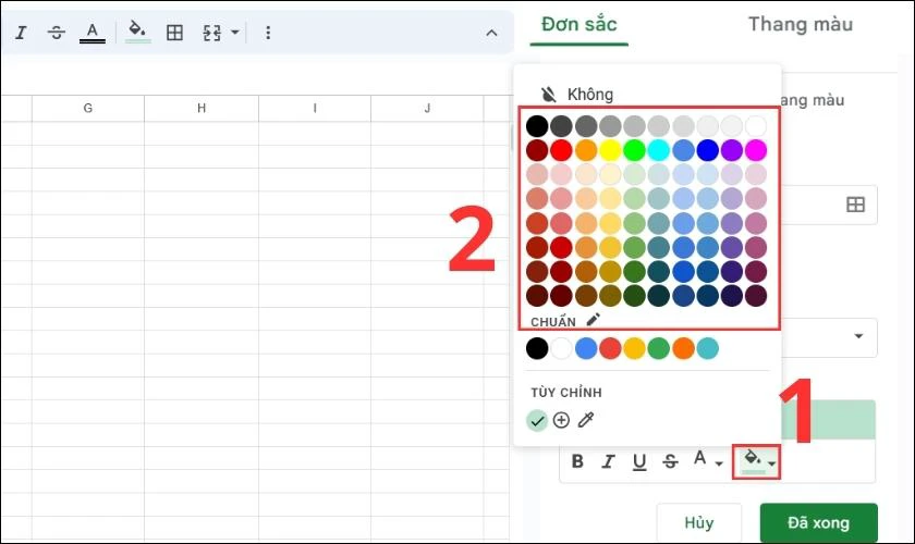 Bảng màu đơn sắc để tạo drop list trong Google Sheets