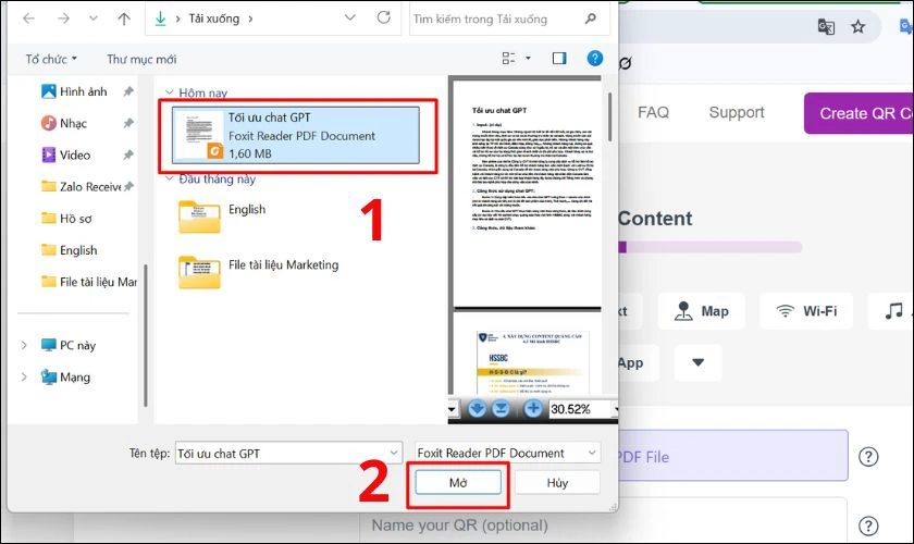 Bạn chọn vào file PDF mà bạn muốn tạo mã QR và bấm Mở
