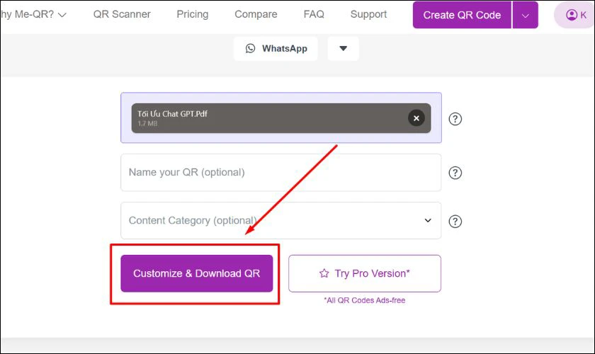 Sau khi đã tải file PDF lên bạn bấm chọn Customize & Download QR