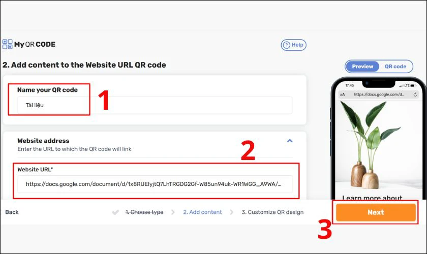 Tiếp theo trong phần Name your QR code, bạn hãy nhập tên mà bạn muốn đặt cho mã QR của mình