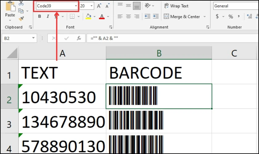 Cách tạo mã vạch trong Excel bằng Font Code39