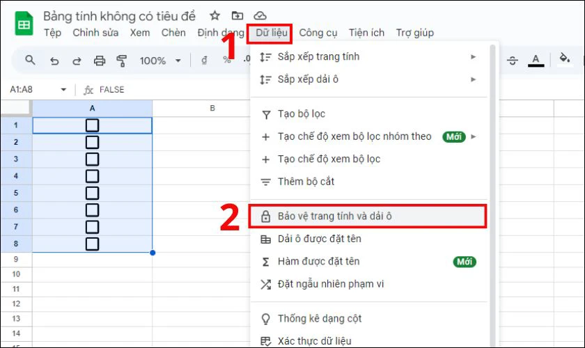 Nhấn vào mục Dữ liệu, chọn Bảo vệ trang tính và dải ô