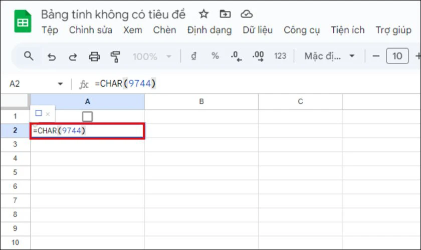 Cách tạo ô tick trong Google Sheet bằng hàm CHAR