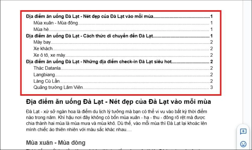Mục lục sẽ tự động hiển thị các tiêu đề