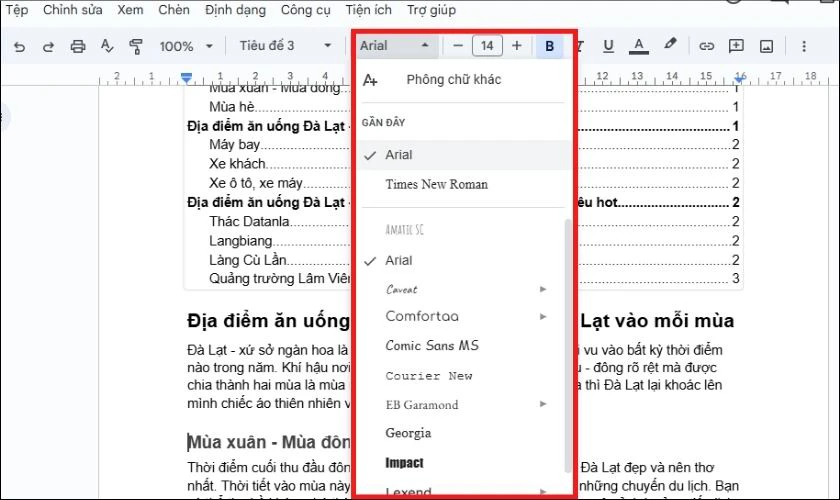 Sử dụng hộp thả xuống font Arial