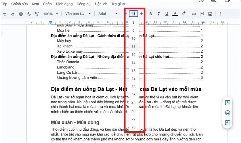 Chỉnh sửa cỡ chữ