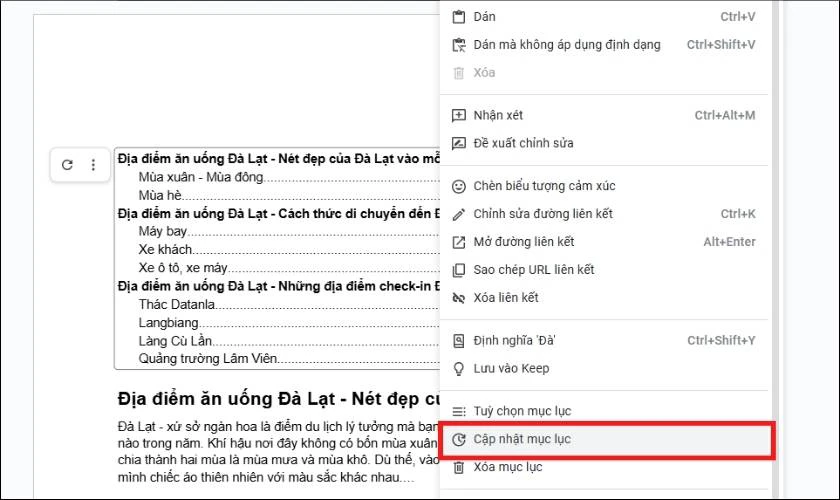 Click chuột phải vào mục lục, chọn Cập nhật mục lục