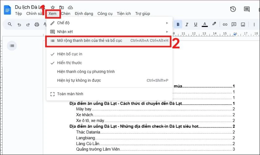 Cách bật hiển thị outline bên trái màn hình trong Google Docs