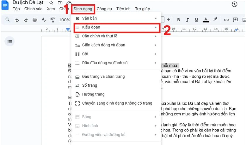 Nhấp vào “Định dạng”, chọn “Kiểu đoạn”