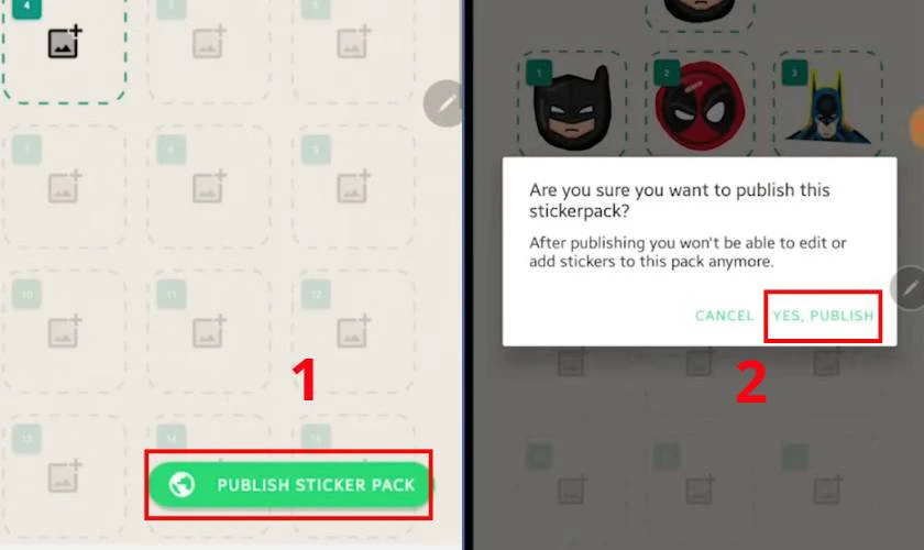 Nhấn Publish sticker pack rồi nhấn Yes, publish