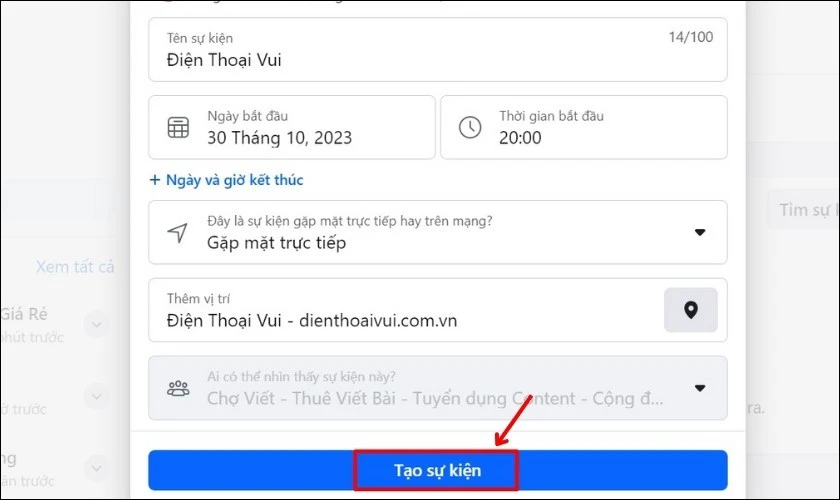 Điền đầy đủ thông tin, nhấn Tạo sự kiện