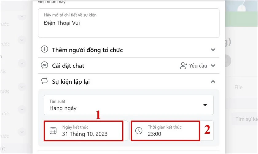 Chọn Ngày kết thúc và Giờ kết thúc