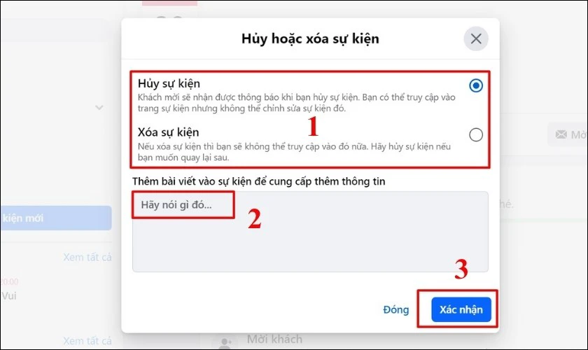 Chọn Hủy sự kiện hoặc Xóa sự kiện, nhấn xác nhận 