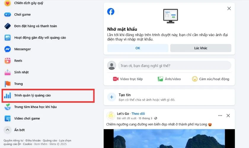 Chọn Trình quản lý quảng cáo
